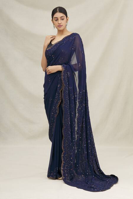 Nakul Sen_Blue Sequin Embroidered Saree With Blouse_Online_at_Aza_Fashions