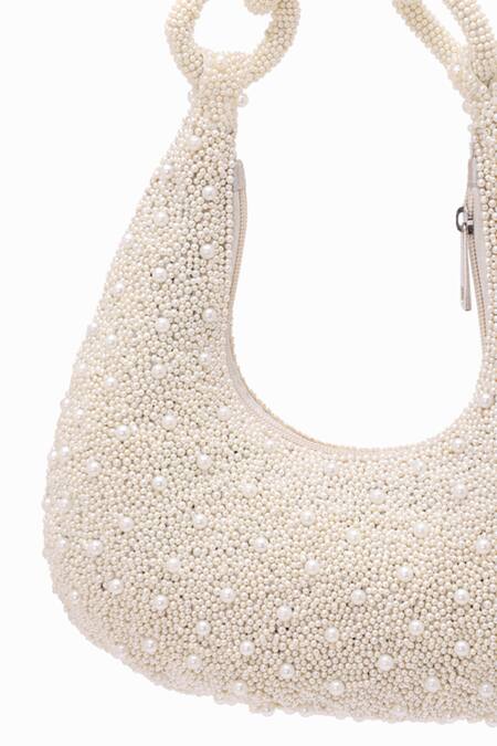 5elements_White Embroidery Curve Shaped Bag _Online_at_Aza_Fashions