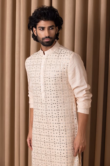 Ankit V Kapoor Pink Cotton, Silk Mirrors Sajid Embroidered Kurta Set Online at Aza Fashions Ankit V Kapoor_Pink Cotton, Silk Mirrors Sajid Embroidered Kurta Set _Online_at_Aza_Fashions