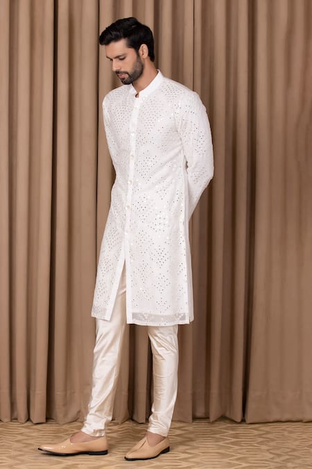 Ankit V Kapoor Off White Georgette, Cotton Mirrors Rashid Embroidered Kurta Set Online at Aza Fashions Ankit V Kapoor_Off White Georgette, Cotton Mirrors Rashid Embroidered Kurta Set _Online_at_Aza_Fashions