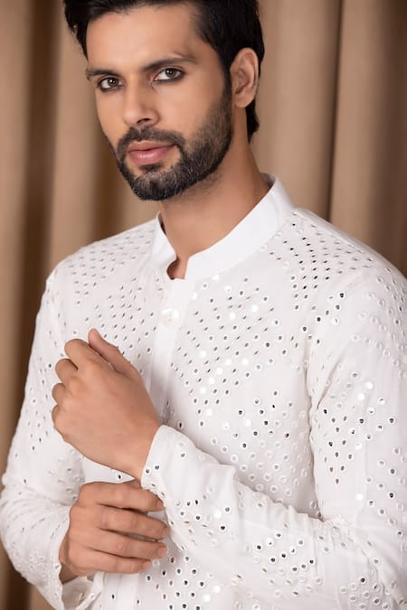 Shop Ankit V Kapoor Off White Georgette, Cotton Mirrors Rashid Embroidered Kurta Set Online at Aza Fashions Shop_Ankit V Kapoor_Off White Georgette, Cotton Mirrors Rashid Embroidered Kurta Set _Online_at_Aza_Fashions