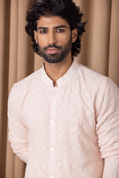 Shop Ankit V Kapoor Pink Georgette, Cotton Embroidery Umair Kurta Set Online at Aza Fashions Shop_Ankit V Kapoor_Pink Georgette, Cotton Embroidery Umair Kurta Set _Online_at_Aza_Fashions