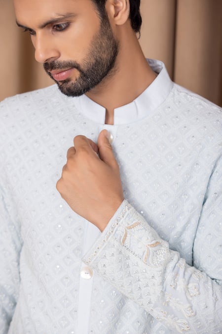 Shop Ankit V Kapoor Blue Georgette, Cotton Embroidery Arif Kurta Set Online at Aza Fashions Shop_Ankit V Kapoor_Blue Georgette, Cotton Embroidery Arif Kurta Set _Online_at_Aza_Fashions