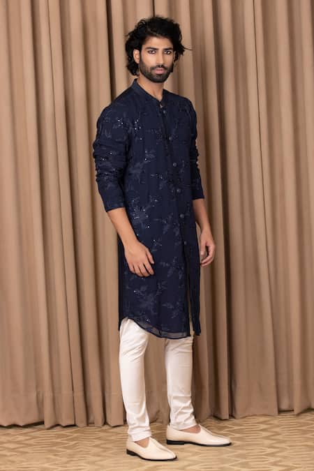 Ankit V Kapoor Blue Georgette, Cotton Sequins Sufian Floral Embroidered Kurta Set Online at Aza Fashions Ankit V Kapoor_Blue Georgette, Cotton Sequins Sufian Floral Embroidered Kurta Set _Online_at_Aza_Fashions