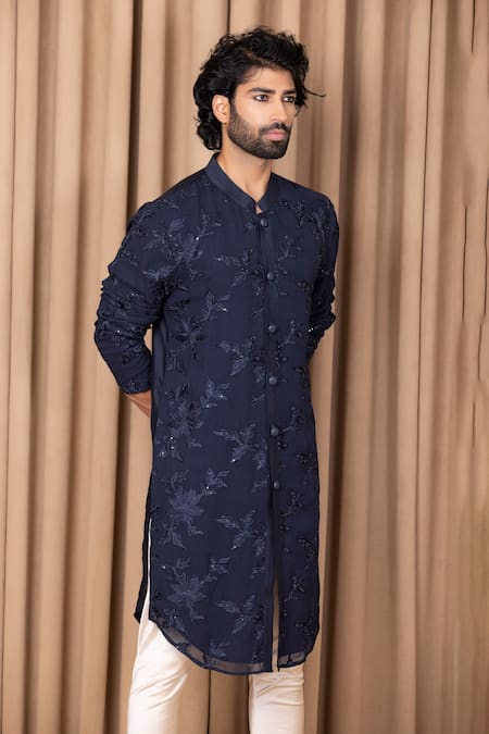 Buy Ankit V Kapoor Blue Georgette, Cotton Sequins Sufian Floral Embroidered Kurta Set Online at Aza Fashions Buy_Ankit V Kapoor_Blue Georgette, Cotton Sequins Sufian Floral Embroidered Kurta Set _Online_at_Aza_Fashions