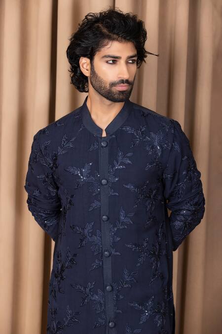 Shop Ankit V Kapoor Blue Georgette, Cotton Sequins Sufian Floral Embroidered Kurta Set Online at Aza Fashions Shop_Ankit V Kapoor_Blue Georgette, Cotton Sequins Sufian Floral Embroidered Kurta Set _Online_at_Aza_Fashions