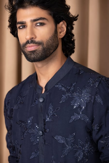 Ankit V Kapoor Blue Georgette, Cotton Sequins Sufian Floral Embroidered Kurta Set at Aza Fashions Ankit V Kapoor_Blue Georgette, Cotton Sequins Sufian Floral Embroidered Kurta Set _at_Aza_Fashions