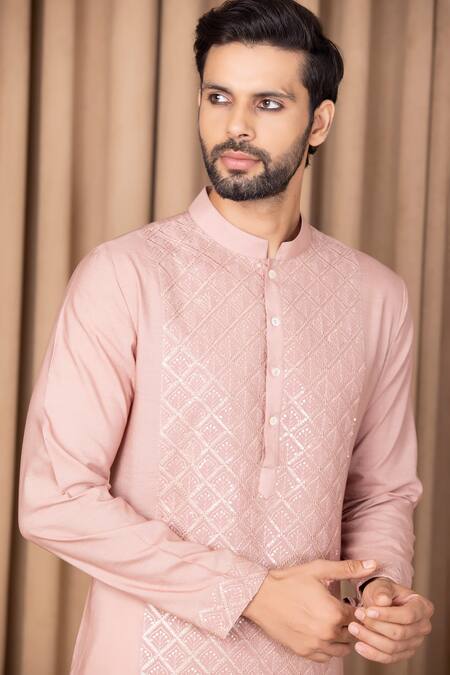 Ankit V Kapoor_Pink Cotton, Silk Sequins Ranjha Embroidered Straight Kurta Set _Online_at_Aza_Fashions