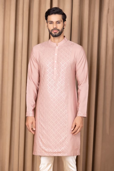 Buy_Ankit V Kapoor_Pink Cotton, Silk Sequins Ranjha Embroidered Straight Kurta Set _Online_at_Aza_Fashions