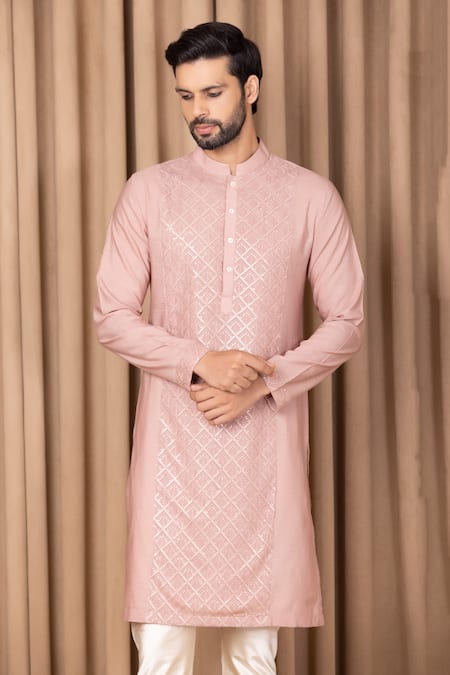Shop_Ankit V Kapoor_Pink Cotton, Silk Sequins Ranjha Embroidered Straight Kurta Set _Online_at_Aza_Fashions