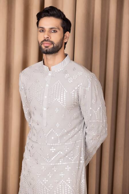 Ankit V Kapoor_Grey Pure Georgette Embroidered Mirror Work Imran Kurta Set _Online_at_Aza_Fashions