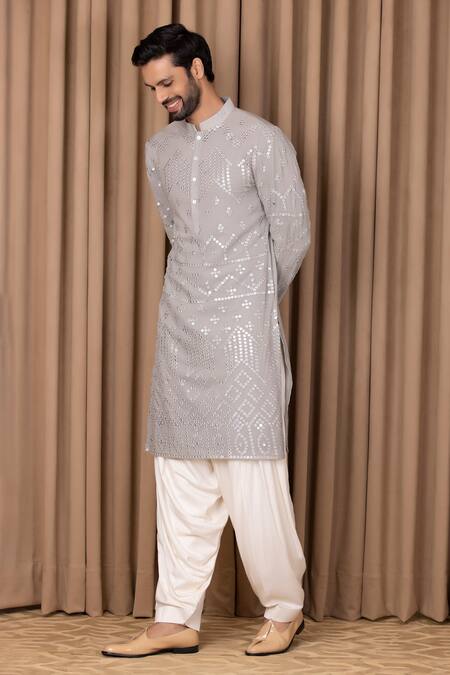 Buy_Ankit V Kapoor_Grey Pure Georgette Embroidered Mirror Work Imran Kurta Set _Online_at_Aza_Fashions