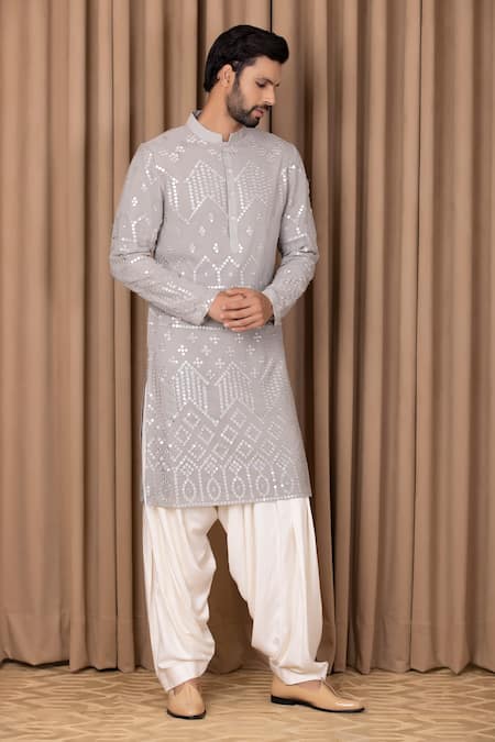 Shop_Ankit V Kapoor_Grey Pure Georgette Embroidered Mirror Work Imran Kurta Set _Online_at_Aza_Fashions