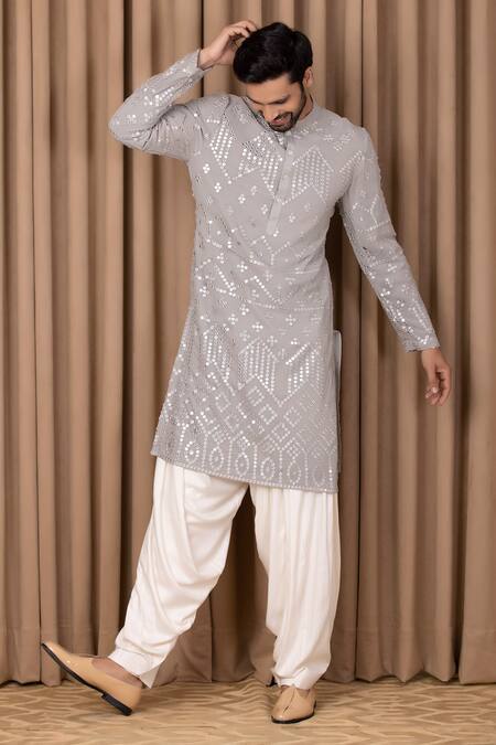 Ankit V Kapoor_Grey Pure Georgette Embroidered Mirror Work Imran Kurta Set _at_Aza_Fashions