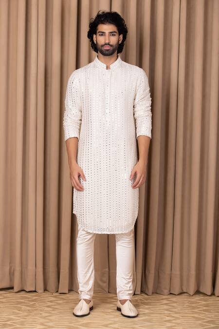 Ankit V Kapoor_Off White Georgette, Cotton Mirrors Yasir Embroidered Kurta Set_Online_at_Aza_Fashions