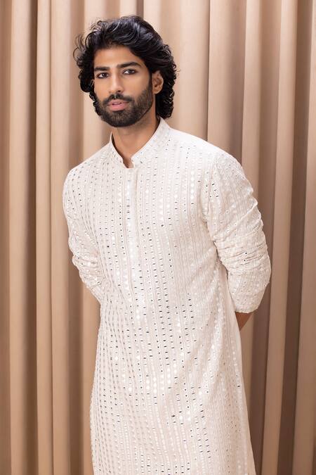 Buy_Ankit V Kapoor_Off White Georgette, Cotton Mirrors Yasir Embroidered Kurta Set_Online_at_Aza_Fashions