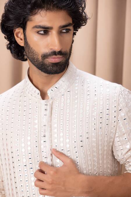 Shop_Ankit V Kapoor_Off White Georgette, Cotton Mirrors Yasir Embroidered Kurta Set_Online_at_Aza_Fashions