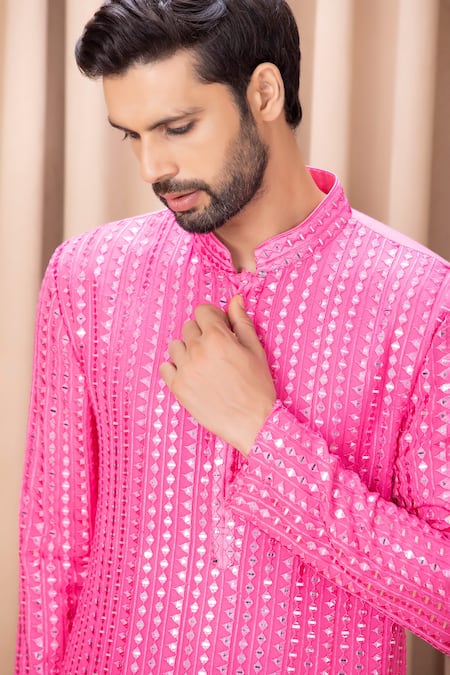 Ankit V Kapoor Pink Georgette, Cotton Mirrors Yasir Embroidered Kurta Set Online at Aza Fashions Ankit V Kapoor_Pink Georgette, Cotton Mirrors Yasir Embroidered Kurta Set_Online_at_Aza_Fashions