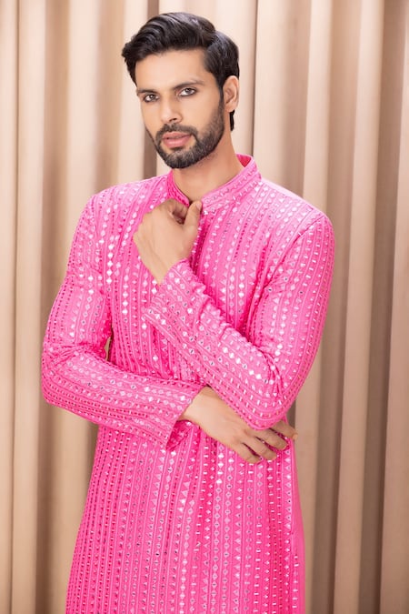 Buy Ankit V Kapoor Pink Georgette, Cotton Mirrors Yasir Embroidered Kurta Set Online at Aza Fashions Buy_Ankit V Kapoor_Pink Georgette, Cotton Mirrors Yasir Embroidered Kurta Set_Online_at_Aza_Fashions
