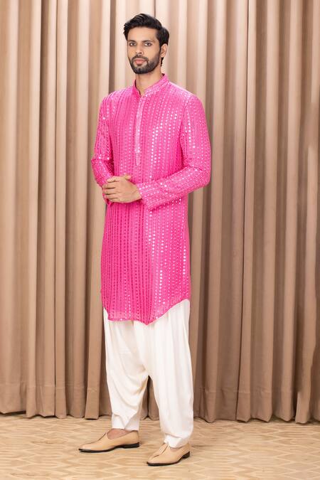 Shop Ankit V Kapoor Pink Georgette, Cotton Mirrors Yasir Embroidered Kurta Set Online at Aza Fashions Shop_Ankit V Kapoor_Pink Georgette, Cotton Mirrors Yasir Embroidered Kurta Set_Online_at_Aza_Fashions