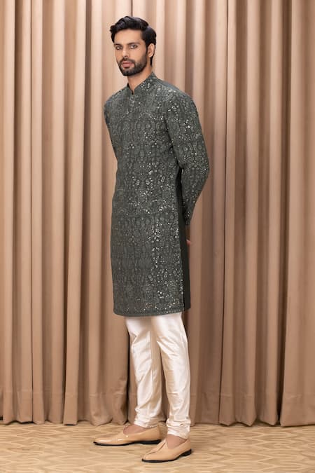 Ankit V Kapoor Green Georgette, Cotton Sequins Aftaab Thread Embroidered Kurta Set Online at Aza Fashions Ankit V Kapoor_Green Georgette, Cotton Sequins Aftaab Thread Embroidered Kurta Set _Online_at_Aza_Fashions