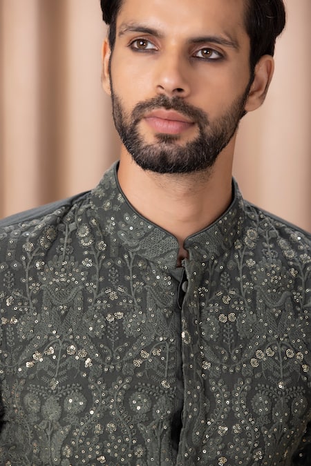 Shop Ankit V Kapoor Green Georgette, Cotton Sequins Aftaab Thread Embroidered Kurta Set Online at Aza Fashions Shop_Ankit V Kapoor_Green Georgette, Cotton Sequins Aftaab Thread Embroidered Kurta Set _Online_at_Aza_Fashions