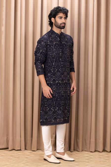Ankit V Kapoor Blue Georgette, Cotton Sequins, Embroidery Aftaab Floral Thread Kurta Set Online at Aza Fashions Ankit V Kapoor_Blue Georgette, Cotton Sequins, Embroidery Aftaab Floral Thread Kurta Set _Online_at_Aza_Fashions