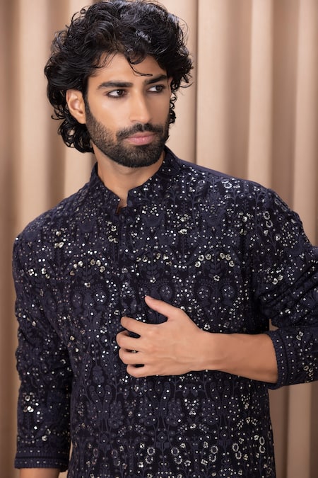 Shop Ankit V Kapoor Blue Georgette, Cotton Sequins, Embroidery Aftaab Floral Thread Kurta Set Online at Aza Fashions Shop_Ankit V Kapoor_Blue Georgette, Cotton Sequins, Embroidery Aftaab Floral Thread Kurta Set _Online_at_Aza_Fashions