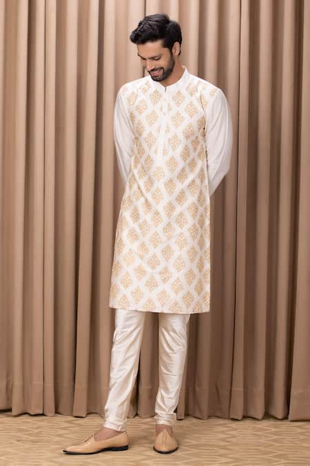 Ankit V Kapoor Ivory Cotton, Silk Embroidery Haider Kurta Set Online at Aza Fashions Ankit V Kapoor_Ivory Cotton, Silk Embroidery Haider Kurta Set _Online_at_Aza_Fashions