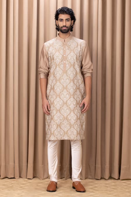 Ankit V Kapoor_Beige Cotton, Silk Embroidery Aaryan Kurta Set _Online_at_Aza_Fashions