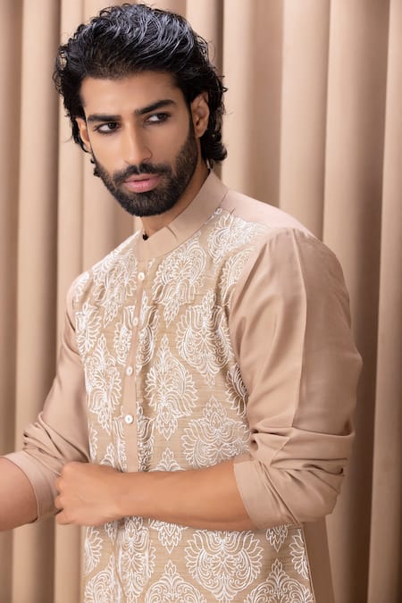 Buy_Ankit V Kapoor_Beige Cotton, Silk Embroidery Aaryan Kurta Set _Online_at_Aza_Fashions