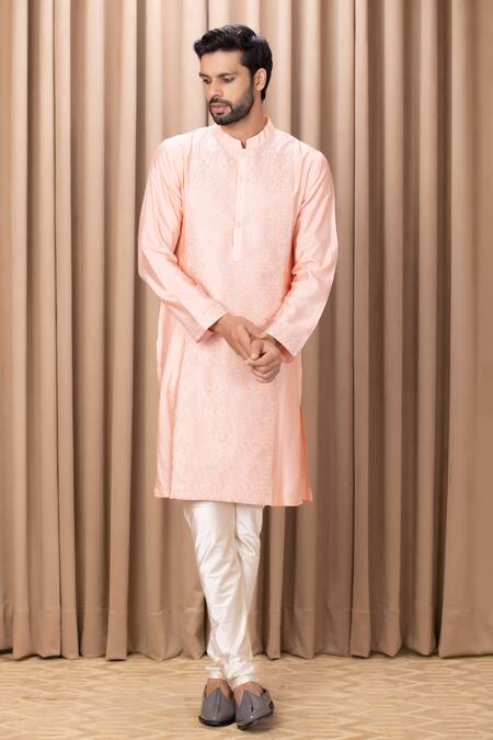 Ankit V Kapoor_Peach Cotton, Silk Embroidery Fahad Straight Kurta Set_Online_at_Aza_Fashions