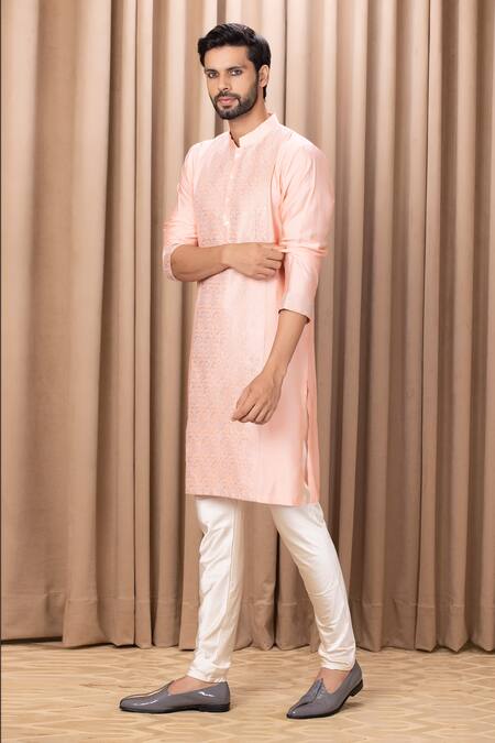 Buy_Ankit V Kapoor_Peach Cotton, Silk Embroidery Fahad Straight Kurta Set_Online_at_Aza_Fashions