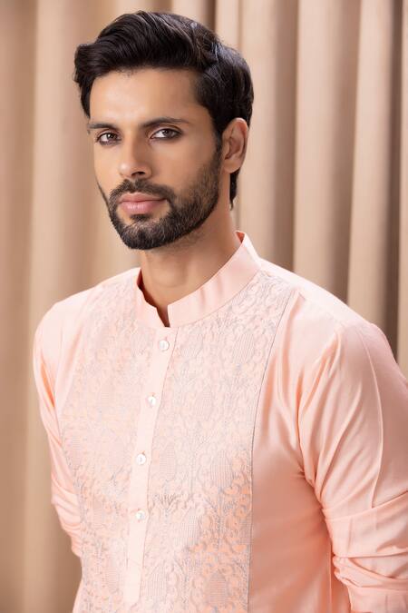 Shop_Ankit V Kapoor_Peach Cotton, Silk Embroidery Fahad Straight Kurta Set_Online_at_Aza_Fashions