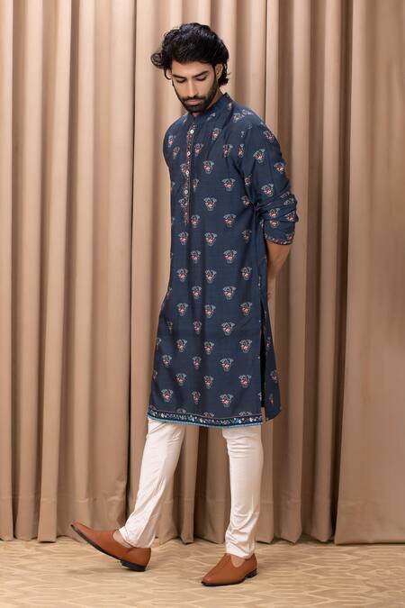 Buy_Ankit V Kapoor_Blue Cotton, Silk Embroidery Noor Floral Print Kurta Set_Online_at_Aza_Fashions