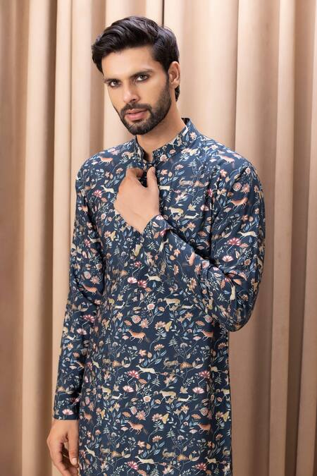 Ankit V Kapoor_Blue Cotton, Silk Embroidery Amaani Floral Print Kurta Set_Online_at_Aza_Fashions