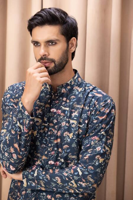 Buy_Ankit V Kapoor_Blue Cotton, Silk Embroidery Amaani Floral Print Kurta Set_Online_at_Aza_Fashions