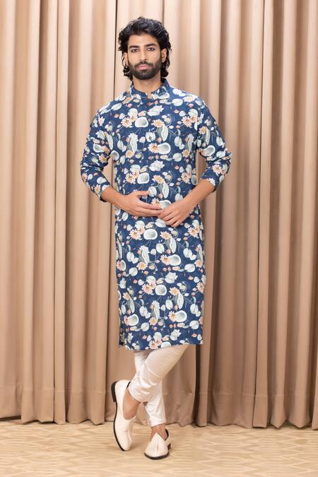 Ankit V Kapoor_Blue Cotton, Silk Embroidery Kamal Lotus Print Kurta Set_Online_at_Aza_Fashions