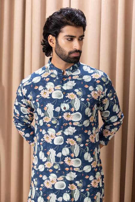 Buy_Ankit V Kapoor_Blue Cotton, Silk Embroidery Kamal Lotus Print Kurta Set_Online_at_Aza_Fashions