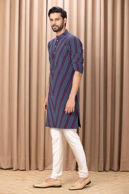Buy_Ankit V Kapoor_Blue Crepe, Cotton Aarsh Chevron Print Kurta Set_Online_at_Aza_Fashions