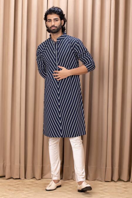 Ankit V Kapoor_Blue Crepe, Cotton Amaan Chevron Print Kurta Set_Online_at_Aza_Fashions
