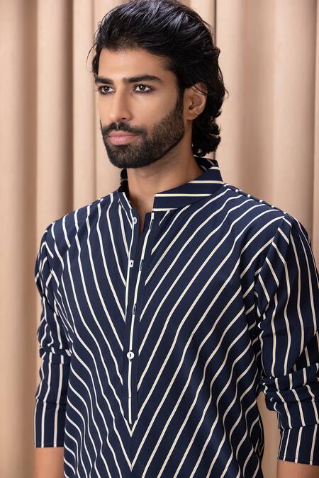 Shop_Ankit V Kapoor_Blue Crepe, Cotton Amaan Chevron Print Kurta Set_Online_at_Aza_Fashions