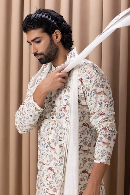 Buy_Ankit V Kapoor_Ivory Cotton, Silk Amaani Floral And Animal Print Kurta Set _Online_at_Aza_Fashions