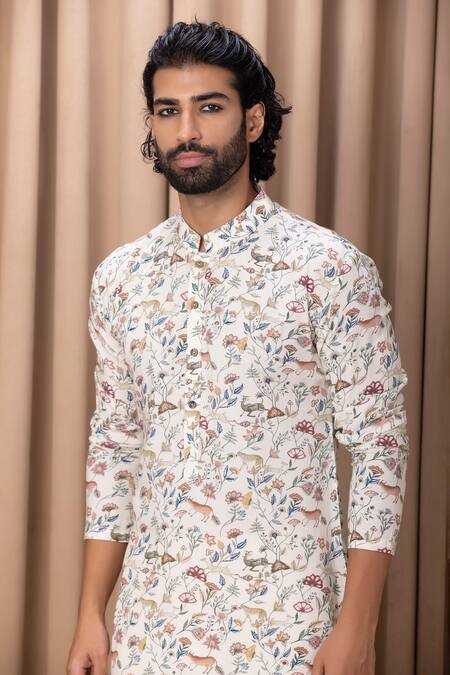 Shop_Ankit V Kapoor_Ivory Cotton, Silk Amaani Floral And Animal Print Kurta Set _Online_at_Aza_Fashions