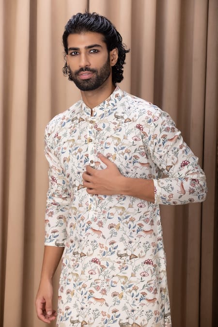 Ankit V Kapoor_Ivory Cotton, Silk Amaani Floral And Animal Print Kurta Set _at_Aza_Fashions