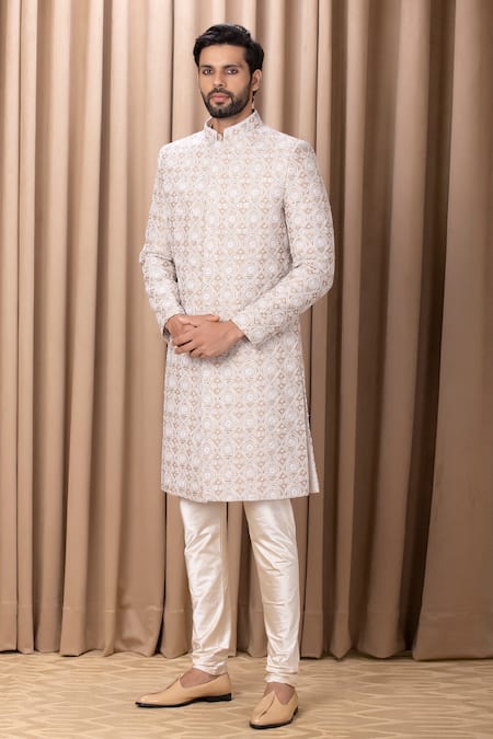Ankit V Kapoor_Beige Silk, Cotton Embroidery Imran Geometric Pattern Sherwani Set _Online_at_Aza_Fashions