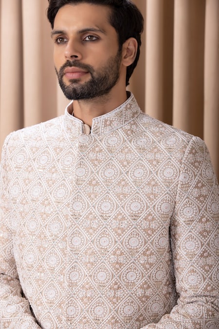 Buy_Ankit V Kapoor_Beige Silk, Cotton Embroidery Imran Geometric Sherwani Set _Online_at_Aza_Fashions