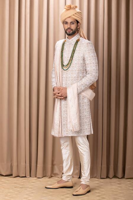 Shop_Ankit V Kapoor_Beige Silk, Cotton Embroidery Imran Geometric Pattern Sherwani Set _Online_at_Aza_Fashions