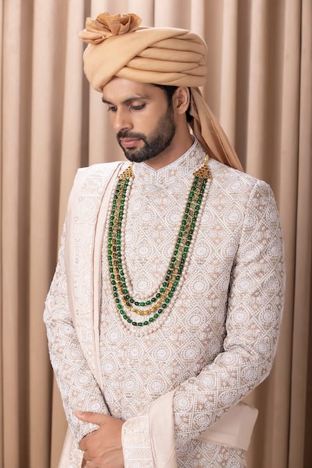 Ankit V Kapoor_Beige Silk, Cotton Embroidery Imran Geometric Pattern Sherwani Set _at_Aza_Fashions