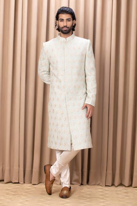 Ankit V Kapoor Green Silk, Cotton Embroidery Fahad Leaf Sherwani Set Online at Aza Fashions Ankit V Kapoor_Green Silk, Cotton Embroidery Fahad Leaf Sherwani Set_Online_at_Aza_Fashions